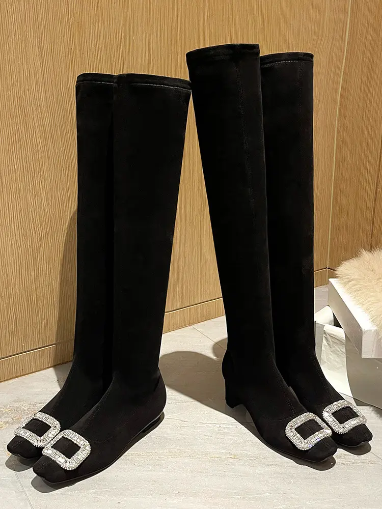 Black Velvet Rhinestone Over-the-Knee Stiletto Boots  5009 (5)