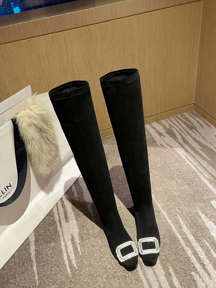 Black Velvet Rhinestone Over-the-Knee Stiletto Boots  5009 (3)