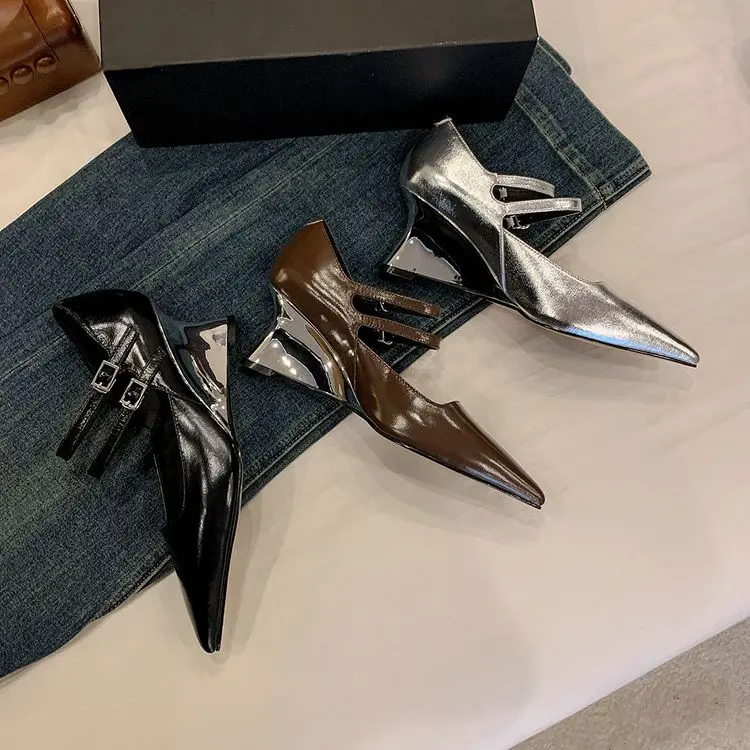 Silver Wedge Heel Mary Jane Pumps 6.5cm Black Leather (6).jpg