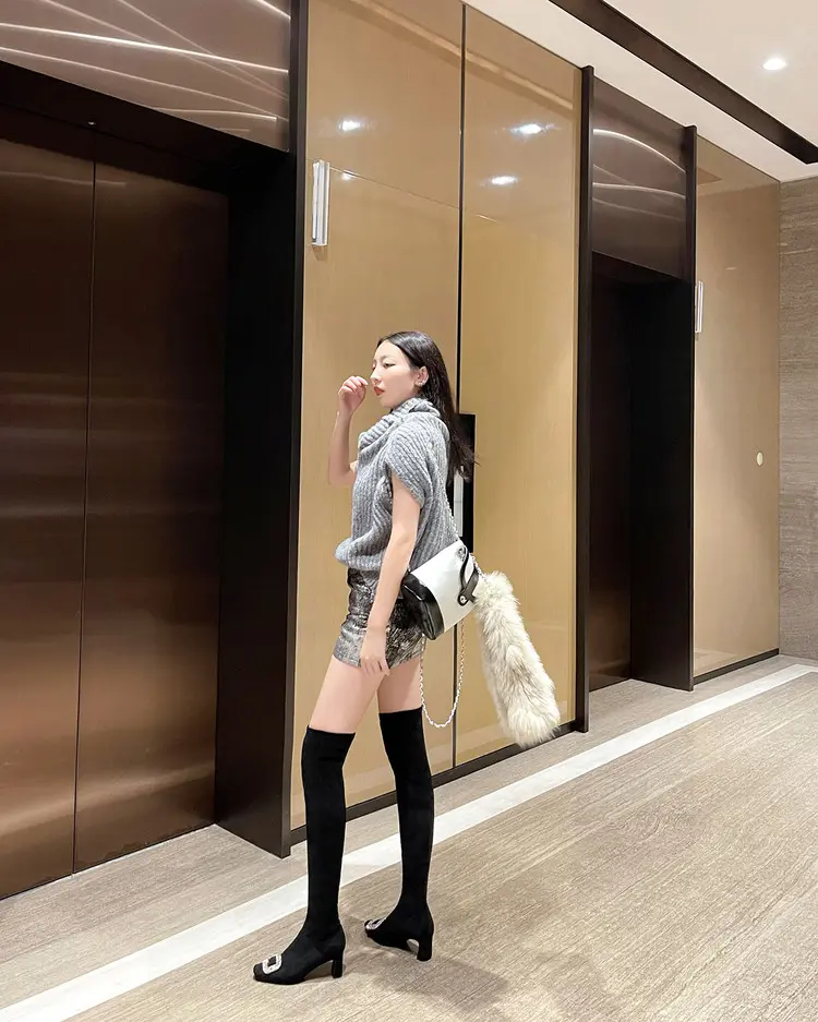 Black Velvet Rhinestone Over-the-Knee Stiletto Boots  5009 (33)