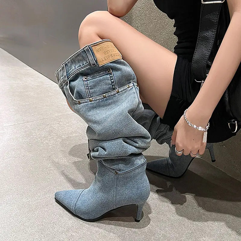 7cm Stiletto Pull-On Women's Knee-High Denim Heel Boots (5).jpg