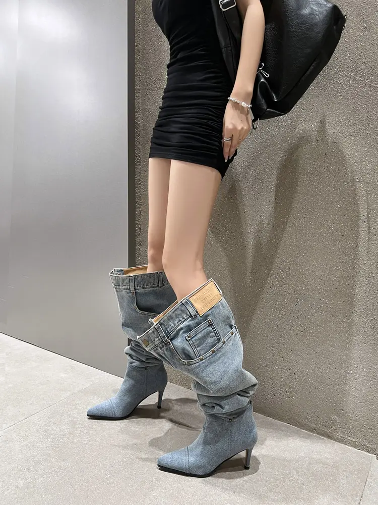 7cm Stiletto Pull-On Women's Knee-High Denim Heel Boots (8)