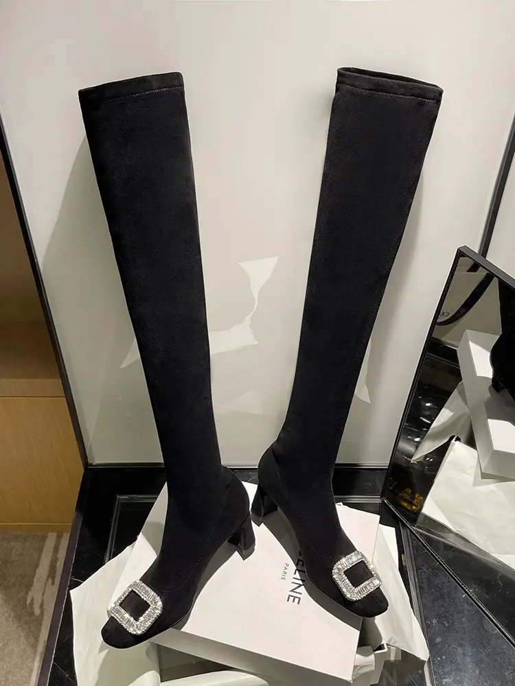 Black Velvet Rhinestone Over-the-Knee Stiletto Boots  5009 (2)