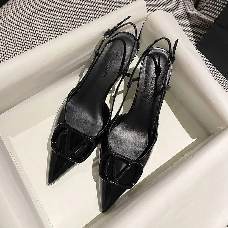 4cm Heel V-Buckle Women's Patent Leather High Heel Sandals (2)