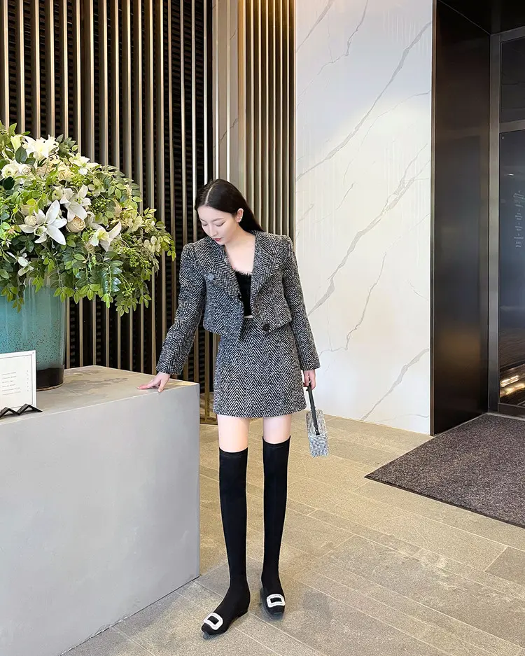 Black Velvet Rhinestone Over-the-Knee Stiletto Boots  5009 (38)