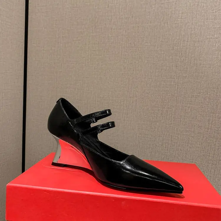 Silver Wedge Heel Mary Jane Pumps 6.5cm Black Leather (14).jpg