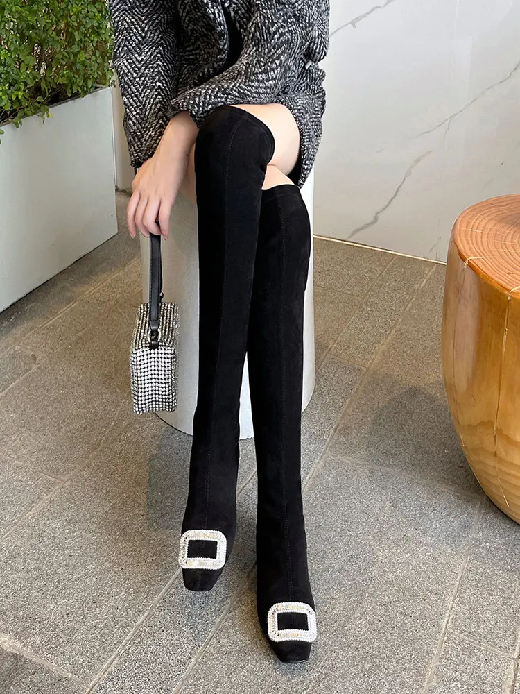 Black Velvet Rhinestone Over-the-Knee Stiletto Boots  5009 (29)