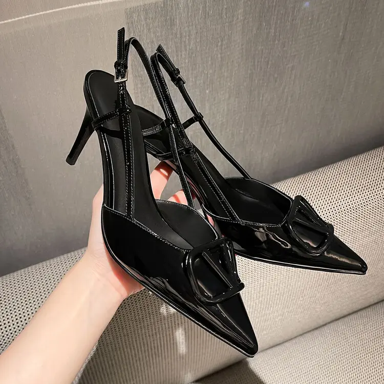 4cm Heel V-Buckle Women's Patent Leather High Heel Sandals (1)