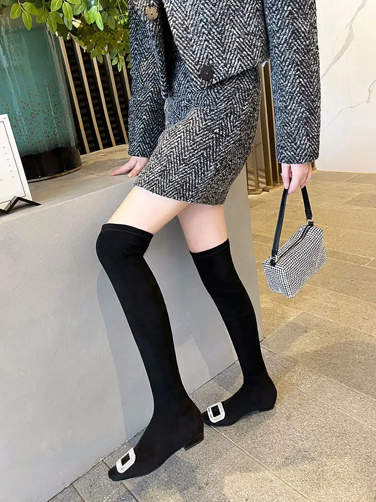 Black Velvet Rhinestone Over-the-Knee Stiletto Boots  5009 (25)