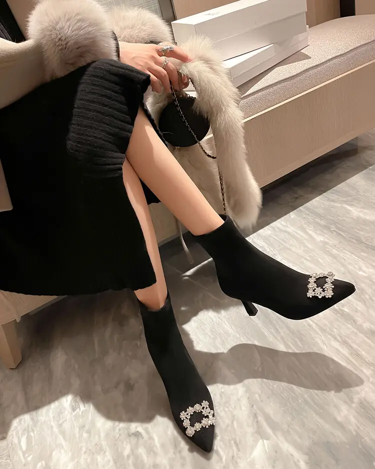 Women's Stiletto Ankle Boots - Pointed Toe, Stretch Velvet 5004 (14)