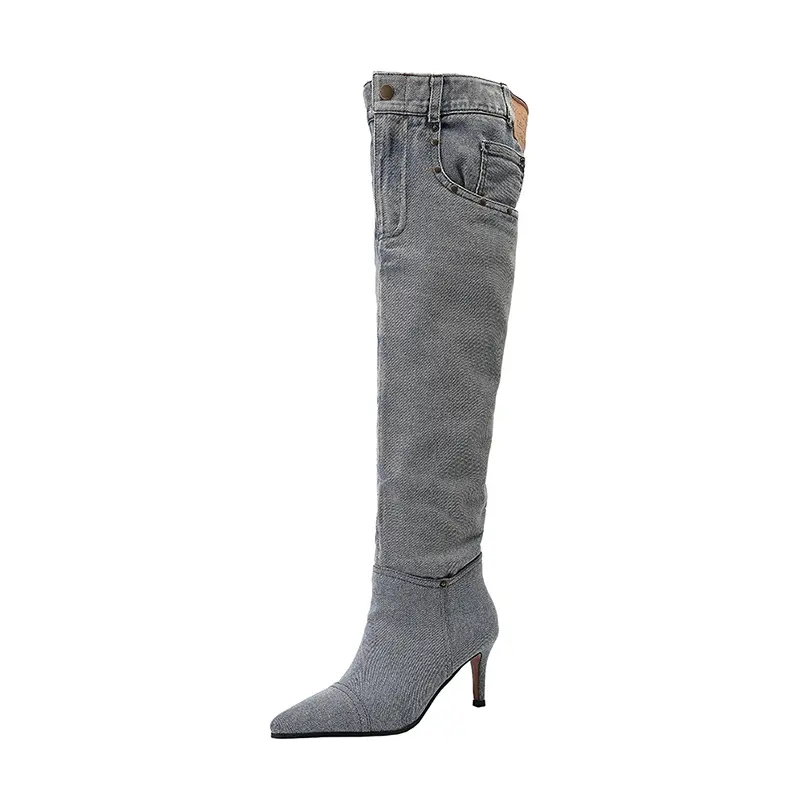 7cm Stiletto Pull-On Women's Knee-High Denim Heel Boots