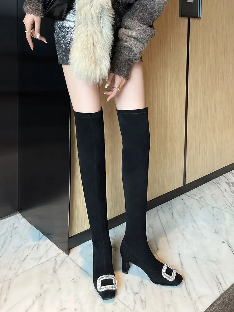 Black Velvet Rhinestone Over-the-Knee Stiletto Boots  5009 (15)