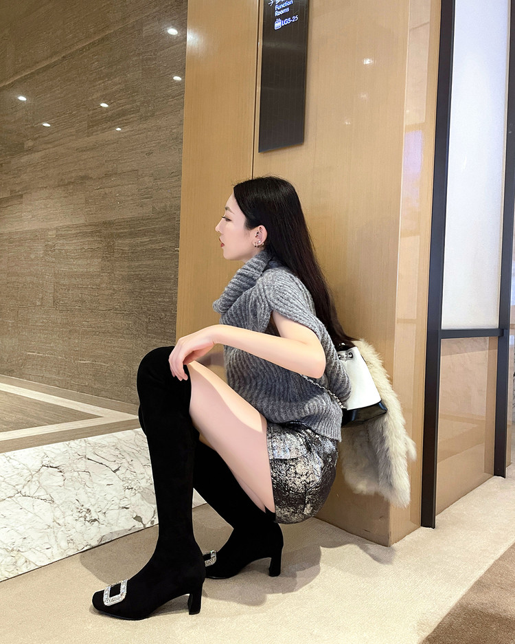 Black Velvet Rhinestone Over-the-Knee Stiletto Boots  5009 (37)