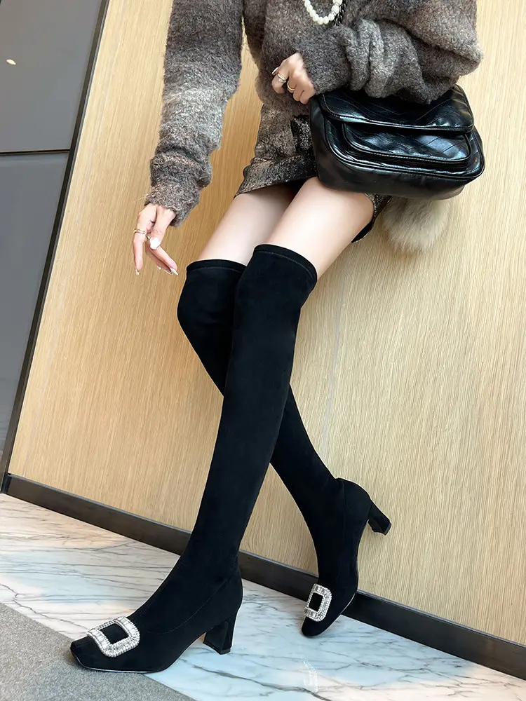 Black Velvet Rhinestone Over-the-Knee Stiletto Boots  5009 (19)