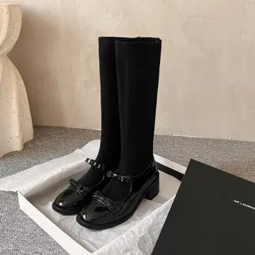 Wholesale Stretch Velvet Mary Jane Boots, 5.5cm Chunky Heel, Knee High