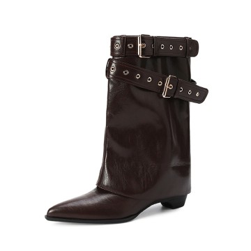 Women's Sexy Buckle Strap Knee High Chunky Heel Boots