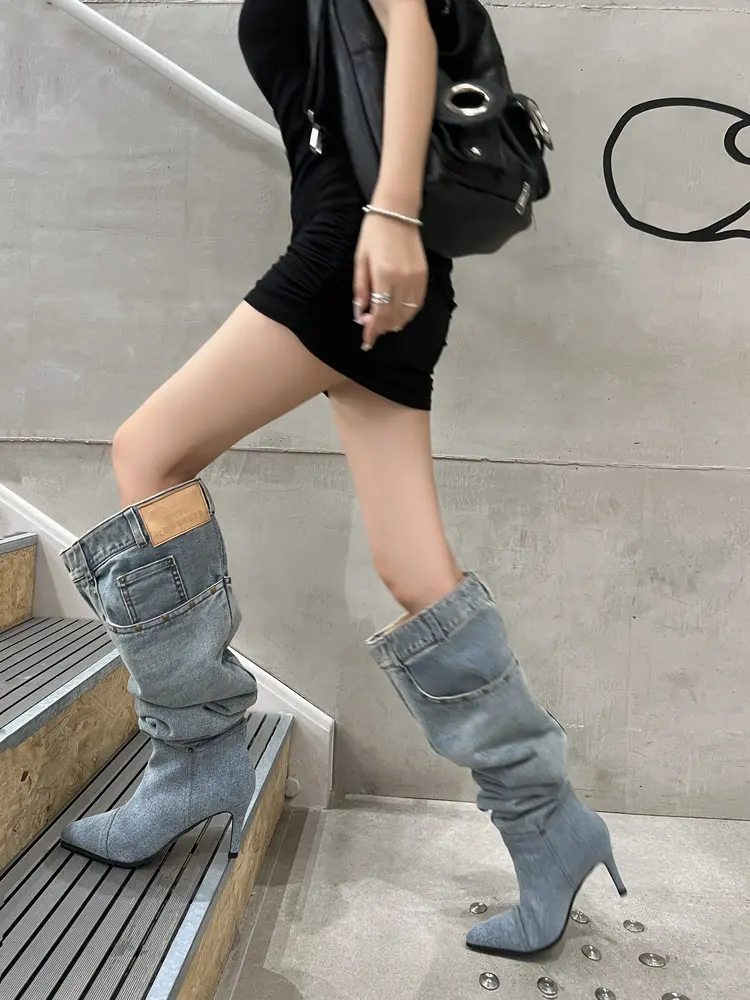 7cm Stiletto Pull-On Women's Knee-High Denim Heel Boots (5)