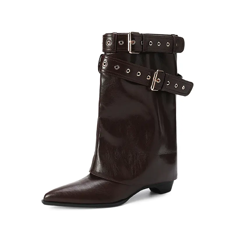 Women's Sexy Buckle Strap Knee High Chunky Heel Boots