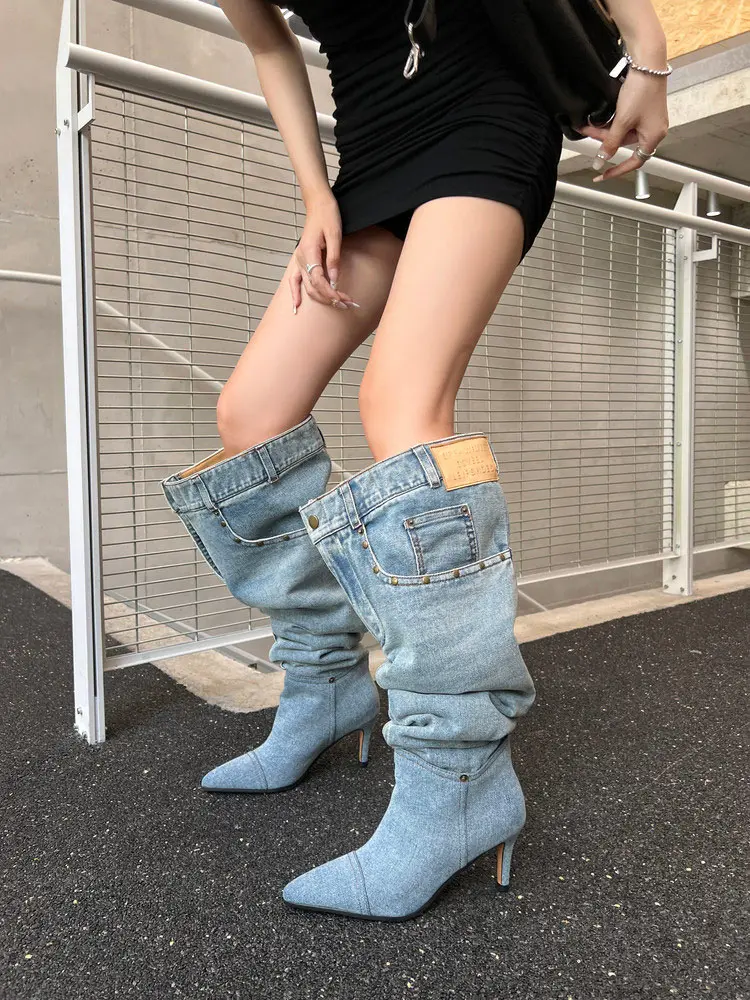 7cm Stiletto Pull-On Women's Knee-High Denim Heel Boots (4)