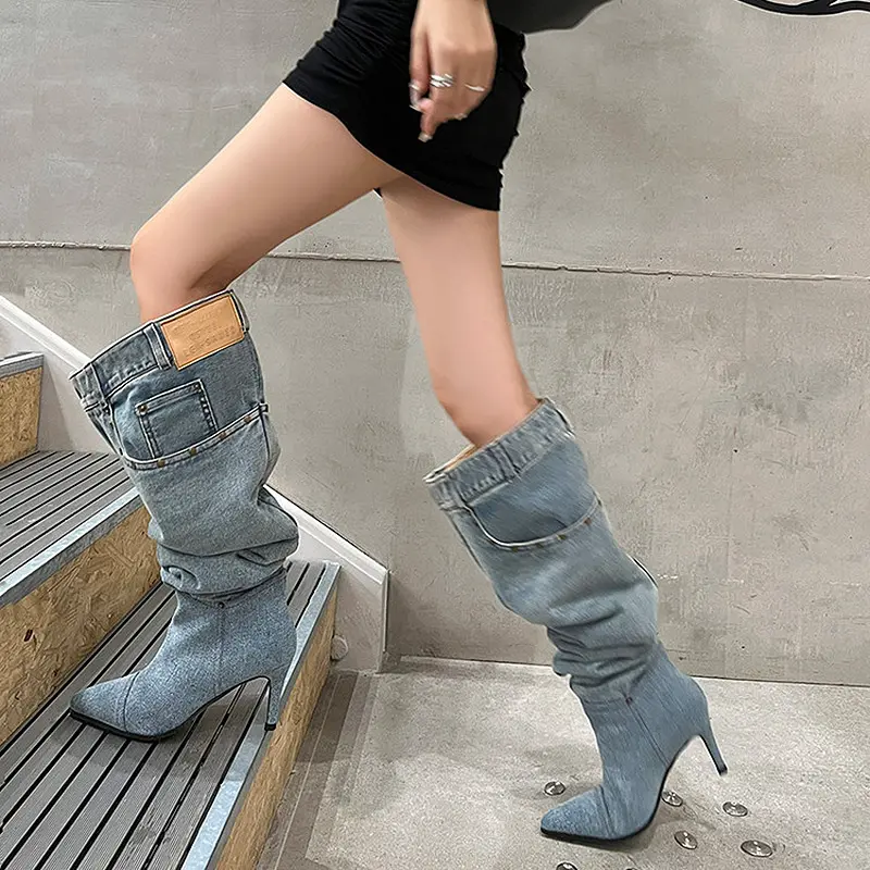 7cm Stiletto Pull-On Women's Knee-High Denim Heel Boots (1).jpg