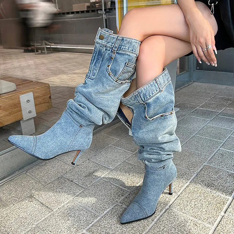 7cm Stiletto Pull-On Women's Knee-High Denim Heel Boots (3).jpg