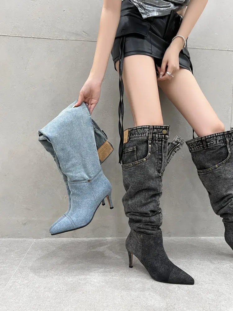 7cm Stiletto Pull-On Women's Knee-High Denim Heel Boots (24)