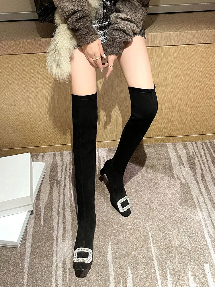 Black Velvet Rhinestone Over-the-Knee Stiletto Boots  5009 (13)