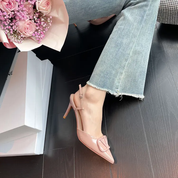 4cm Heel V-Buckle Women's Patent Leather High Heel Sandals (16)