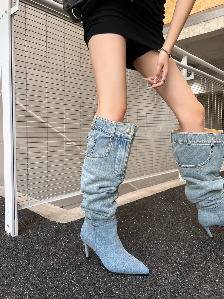 7cm Stiletto Pull-On Women's Knee-High Denim Heel Boots (3)