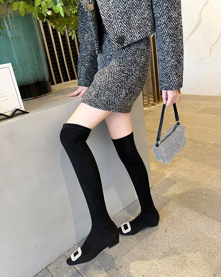 Black Velvet Rhinestone Over-the-Knee Stiletto Boots  5009 (41)